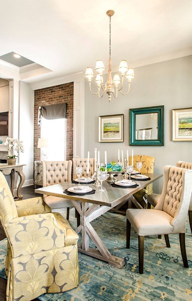 Design ideas for a classic open plan dining room in Louisville with grey walls and feature lighting.