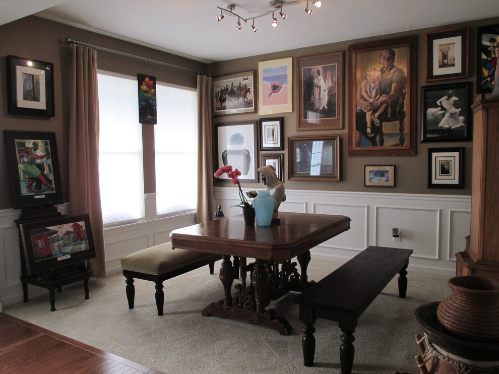 Mid-sized eclectic carpeted dining room photo in Cincinnati with brown walls