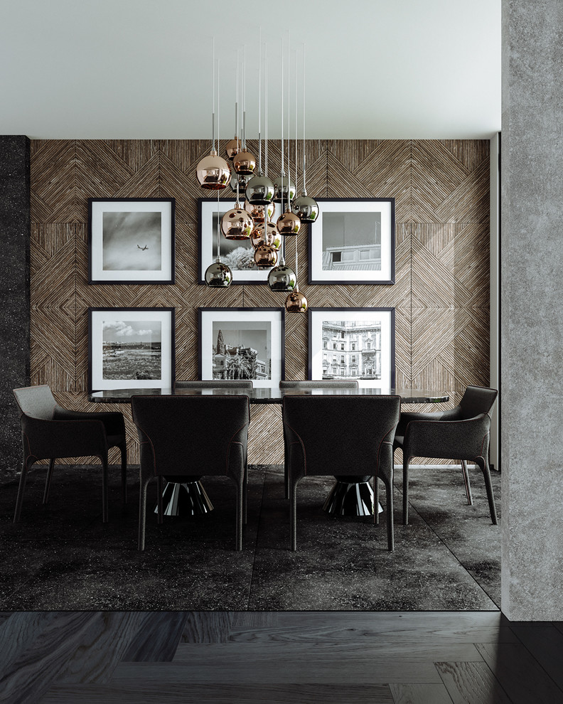 Foto di una sala da pranzo minimal con pareti marroni, parquet scuro e pavimento nero