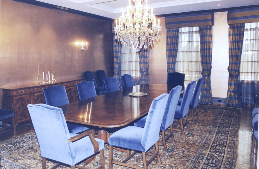 Design ideas for a large traditional enclosed dining room in New York with metallic walls and dark hardwood flooring.