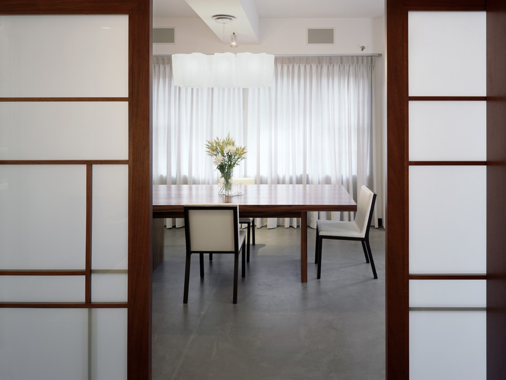 Ispirazione per una sala da pranzo moderna con pavimento in cemento e pareti bianche