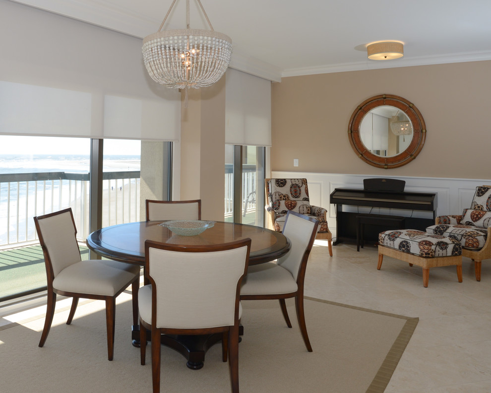 Design ideas for a large beach style open plan dining room in Charleston with beige walls, carpet and no fireplace.
