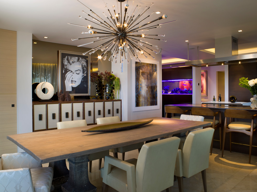 Inspiration for a contemporary kitchen/dining room combo remodel in Miami with white walls and no fireplace