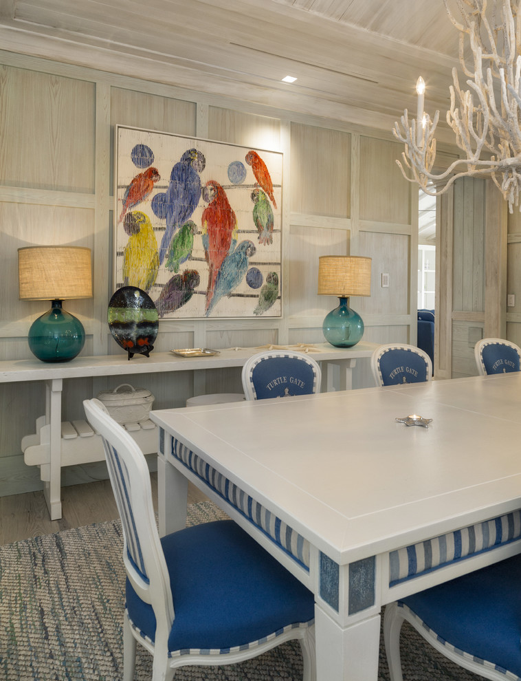 Immagine di una sala da pranzo stile marino chiusa e di medie dimensioni con pareti grigie, parquet chiaro, nessun camino e pavimento grigio