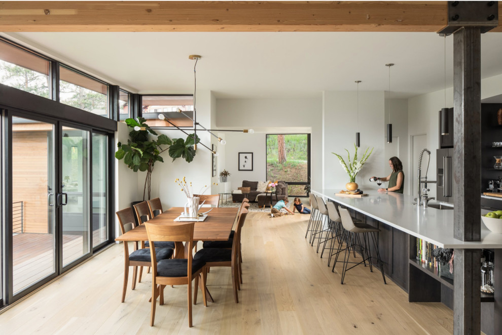 Idee per una sala da pranzo aperta verso la cucina contemporanea con pareti bianche, parquet chiaro e cornice del camino in cemento