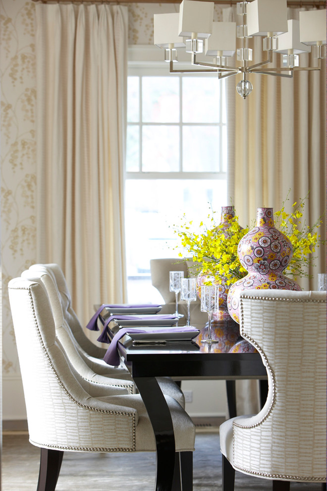 Inspiration for a beach style dining room in New York with white walls.