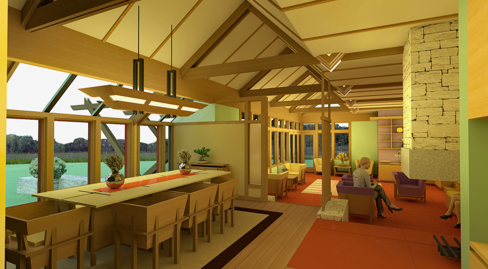 На фото: большая гостиная-столовая в стиле неоклассика (современная классика) с разноцветными стенами, паркетным полом среднего тона, горизонтальным камином, фасадом камина из камня, коричневым полом, балками на потолке и деревянными стенами