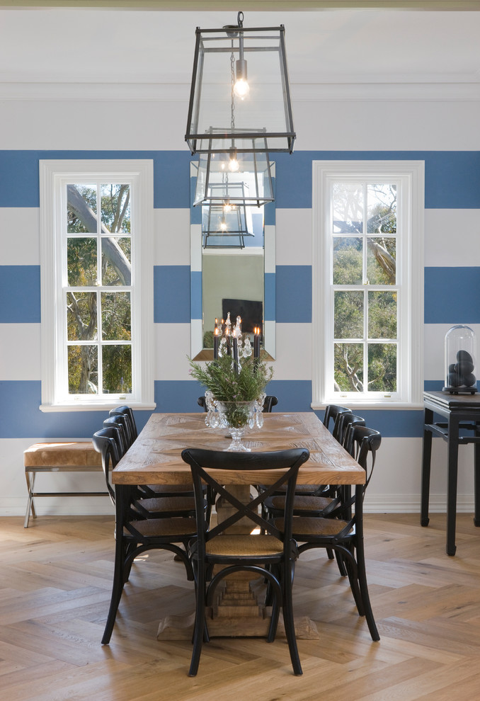 Inspiration for a transitional light wood floor dining room remodel in Adelaide with multicolored walls
