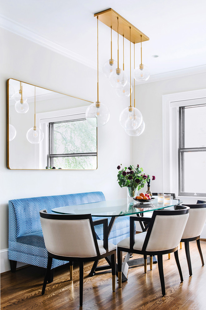 This is an example of a medium sized contemporary open plan dining room in DC Metro with dark hardwood flooring, grey walls, no fireplace and brown floors.