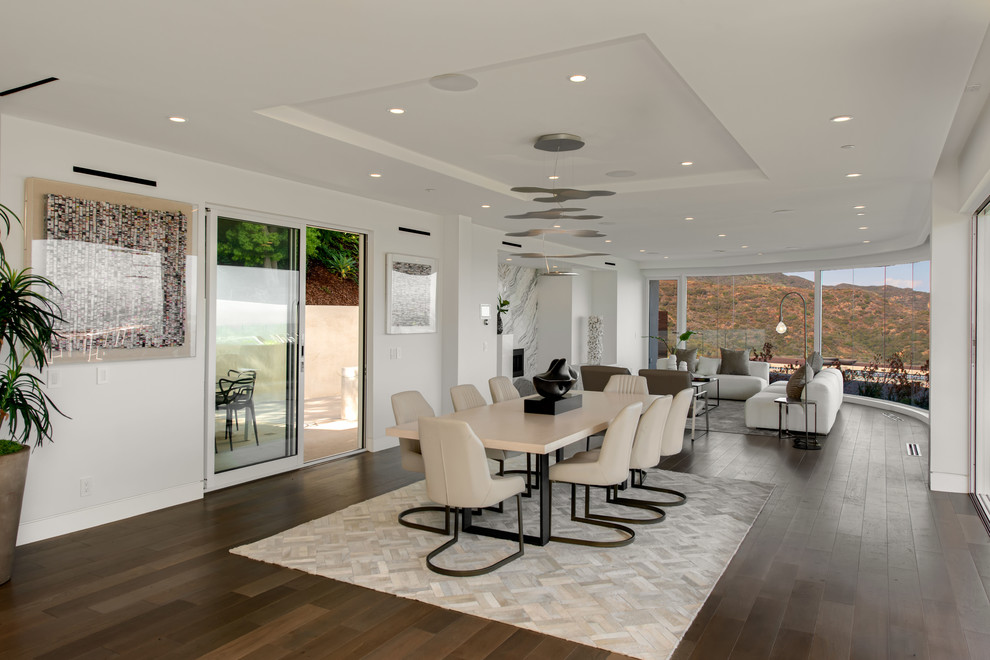 Cette image montre une grande salle à manger ouverte sur le salon minimaliste avec un mur blanc, une cheminée ribbon, un manteau de cheminée en pierre, un sol marron et parquet foncé.