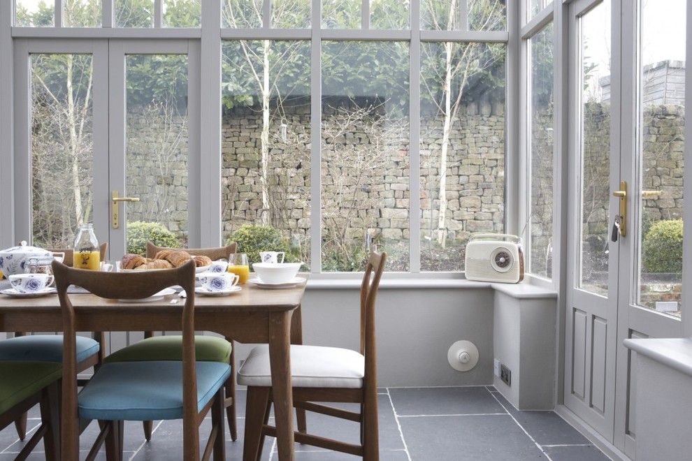 Design ideas for a large rural kitchen/dining room in London with grey walls.
