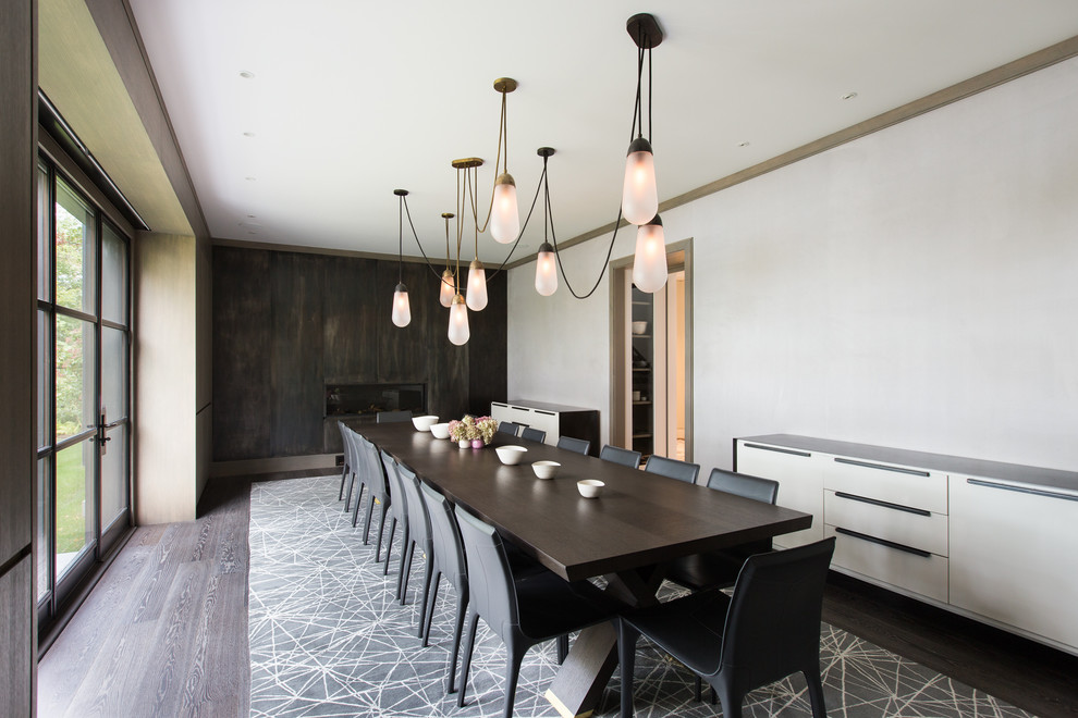 Geschlossenes Modernes Esszimmer mit weißer Wandfarbe, dunklem Holzboden, Gaskamin, Kaminumrandung aus Holz und braunem Boden in New York