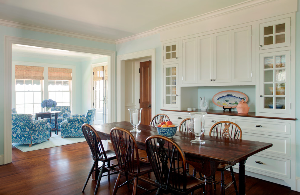 Great room - mid-sized coastal medium tone wood floor great room idea in Boston with blue walls
