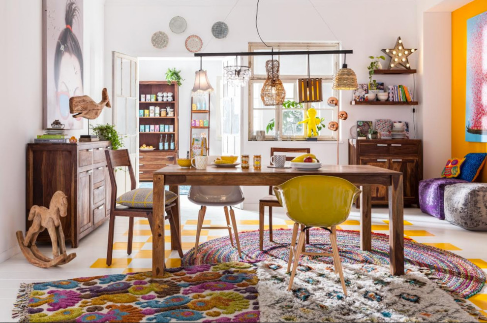 Inspiration for a large eclectic vinyl floor and multicolored floor enclosed dining room remodel in Miami with white walls and no fireplace