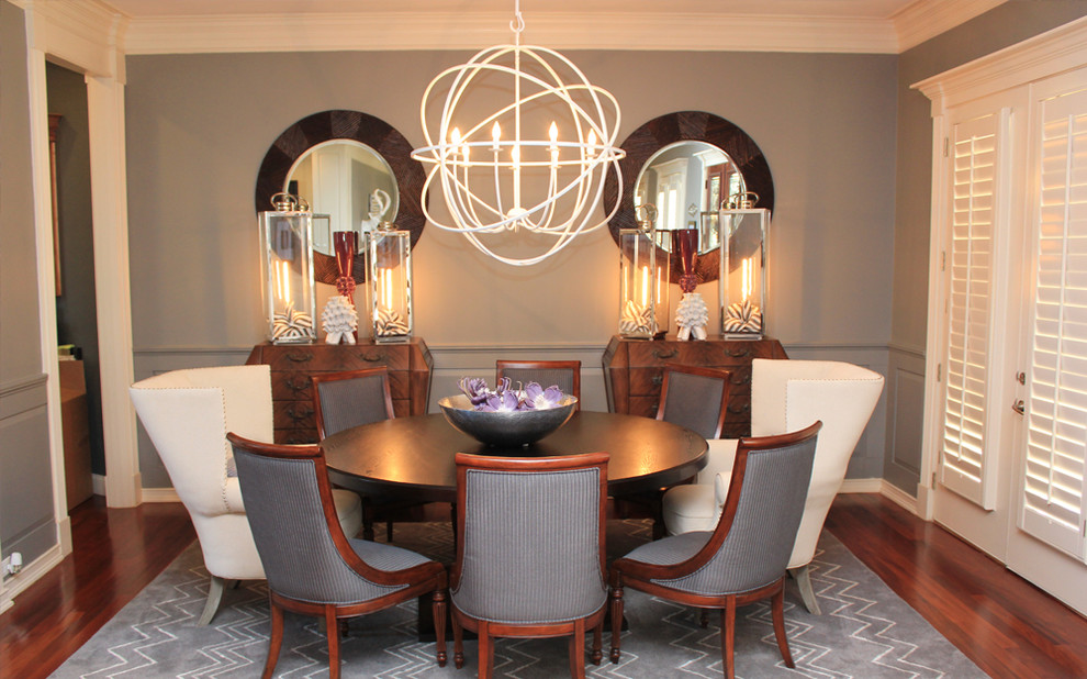 This is an example of a medium sized traditional enclosed dining room in Atlanta with grey walls, dark hardwood flooring, no fireplace and brown floors.