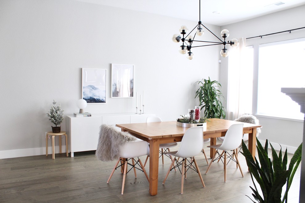 Mittelgroße Moderne Wohnküche ohne Kamin mit grauer Wandfarbe, hellem Holzboden und grauem Boden in Sacramento