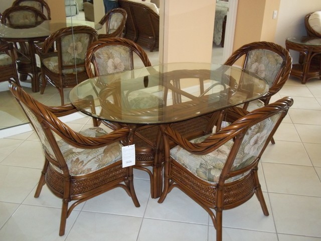 OVAL GLASS TOP DINING TABLE WITH RATTAN CHAIRS - Tropical - Dining Room -  Miami - by Sunshine Furniture | Houzz