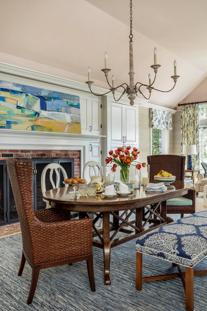 Inspiration for a medium sized classic open plan dining room in Boston with beige walls, medium hardwood flooring, a standard fireplace and a brick fireplace surround.