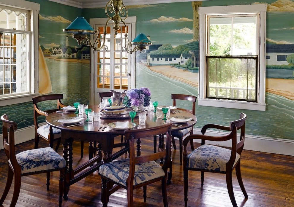 Inspiration for a shabby-chic style kitchen/dining room in Boston with green walls.