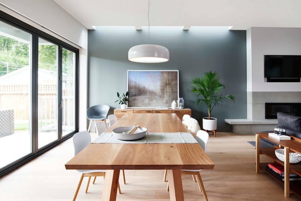 Immagine di una sala da pranzo minimal di medie dimensioni con pareti grigie e parquet chiaro