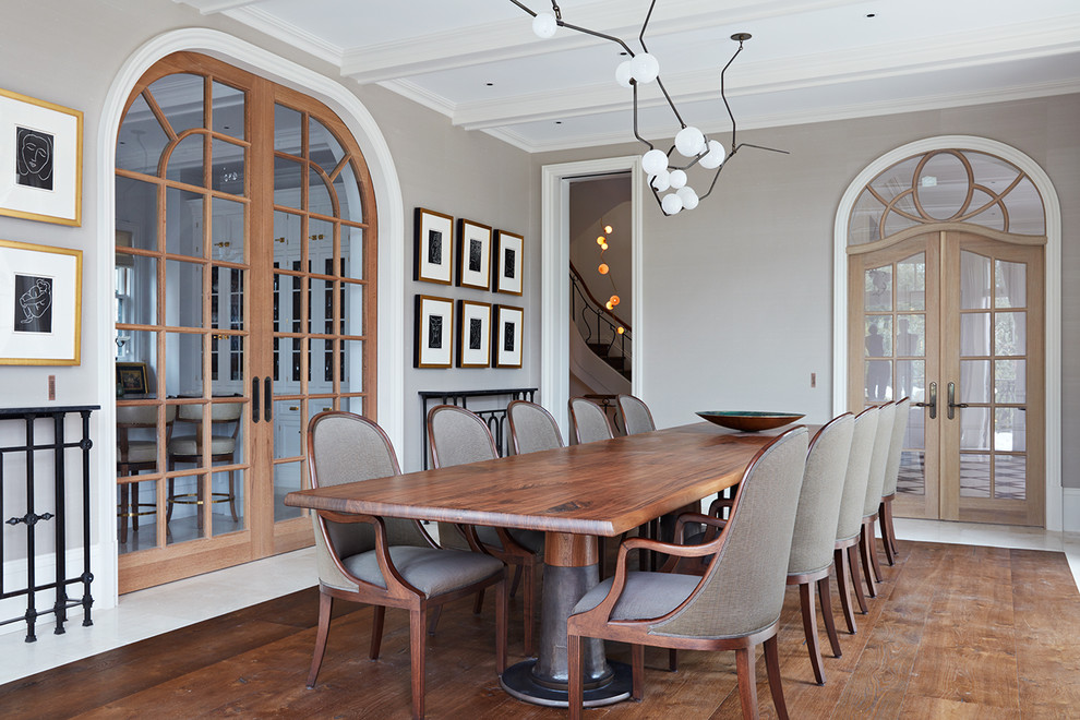 Design ideas for a classic enclosed dining room in San Francisco with grey walls, medium hardwood flooring, no fireplace, brown floors and a coffered ceiling.