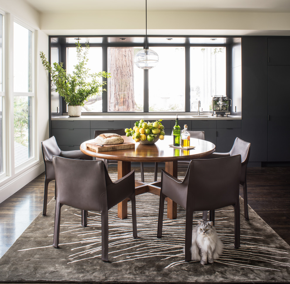 Photo of a medium sized contemporary kitchen/dining room in San Francisco with white walls, dark hardwood flooring and no fireplace.