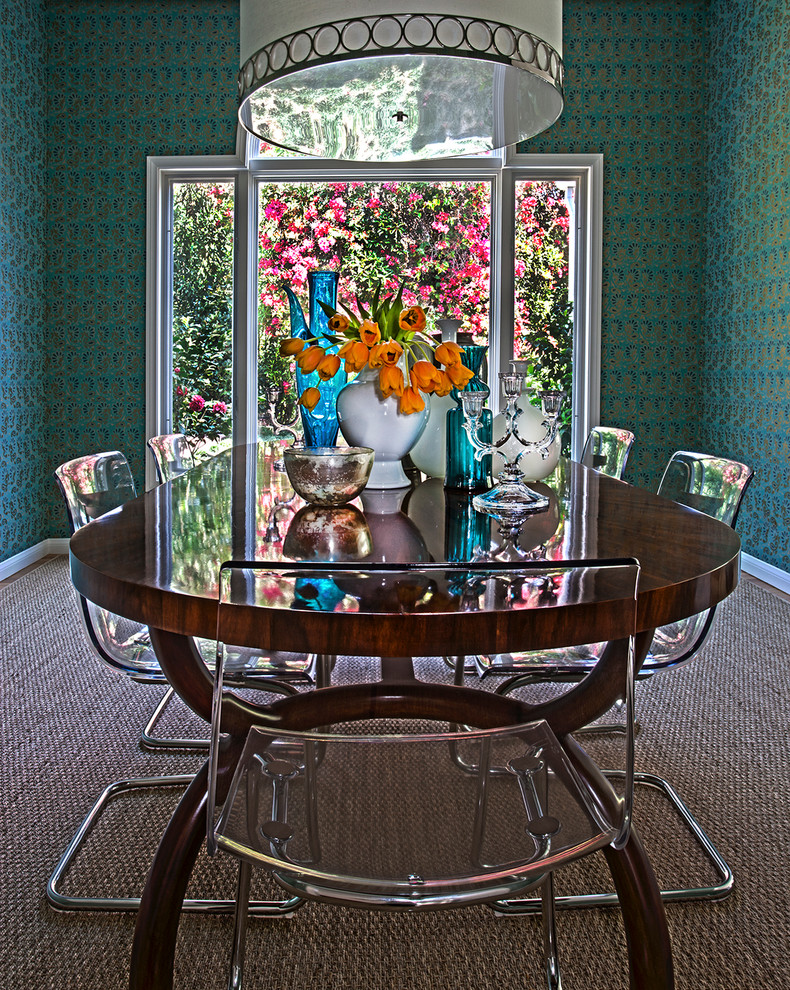 Medium sized contemporary enclosed dining room in Los Angeles with green walls, carpet and no fireplace.