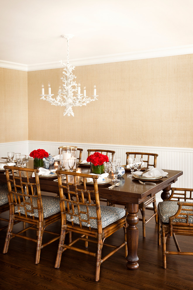 Ispirazione per una sala da pranzo tradizionale chiusa con pareti beige e parquet scuro