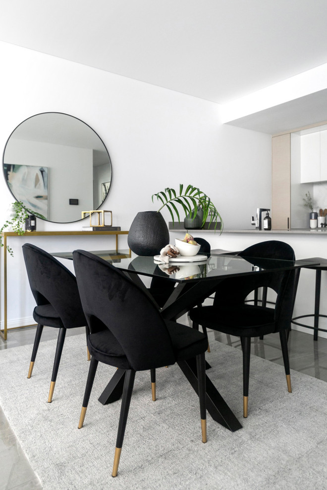 Источник вдохновения для домашнего уюта: кухня-столовая среднего размера в современном стиле с белыми стенами и серым полом