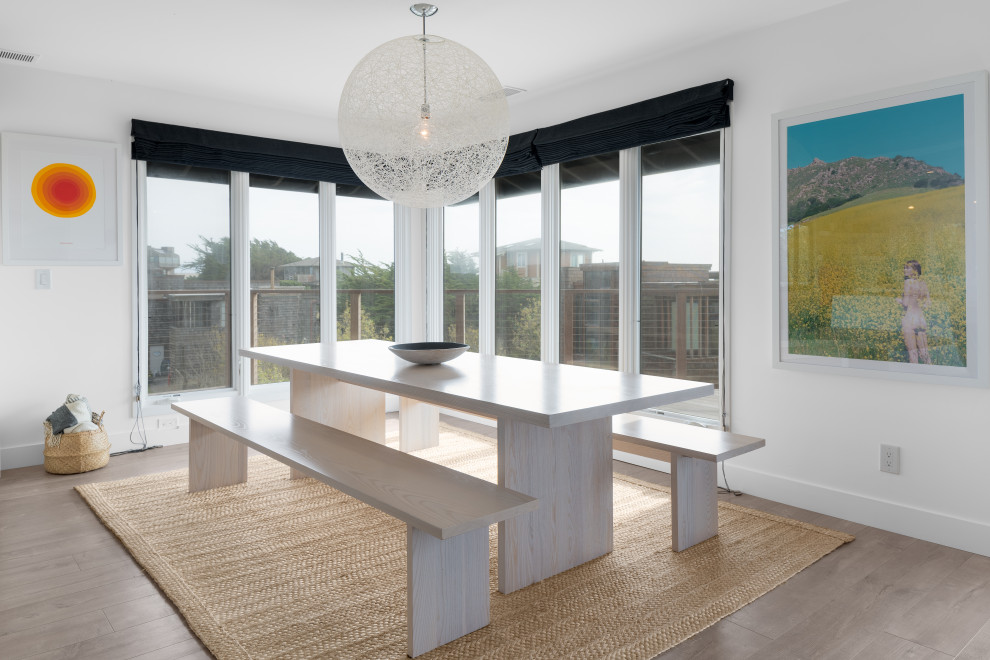 Свежая идея для дизайна: кухня-столовая среднего размера в морском стиле с белыми стенами, печью-буржуйкой, фасадом камина из металла и коричневым полом - отличное фото интерьера