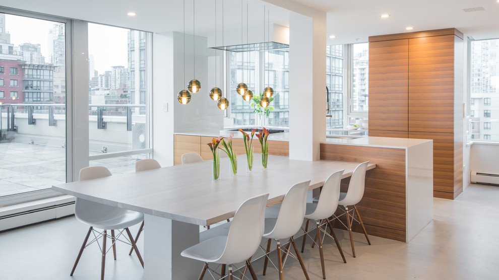 Идея дизайна: большая кухня-столовая в стиле модернизм с белыми стенами, бетонным полом и фасадом камина из дерева