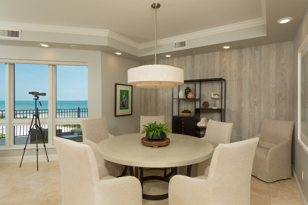Design ideas for a medium sized nautical open plan dining room in Jacksonville with beige walls, travertine flooring, no fireplace and beige floors.