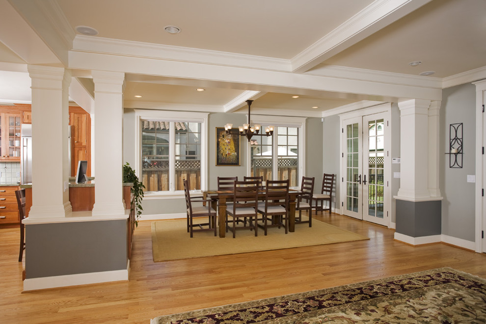 Design ideas for a traditional open plan dining room in San Francisco with grey walls and medium hardwood flooring.