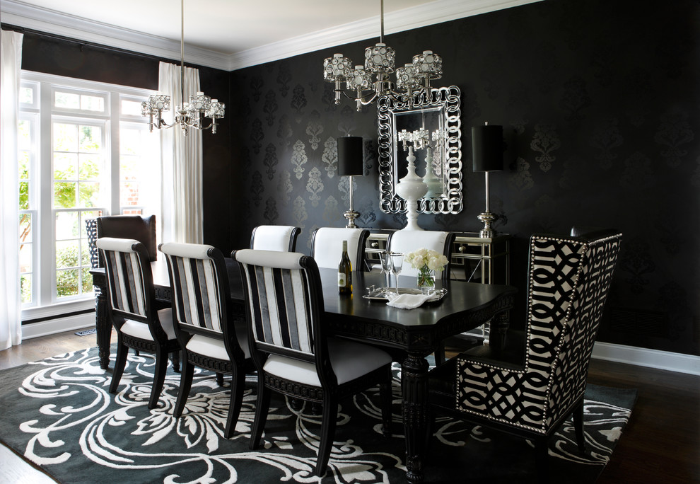 Mid-sized trendy dark wood floor dining room photo in Atlanta with black walls and no fireplace