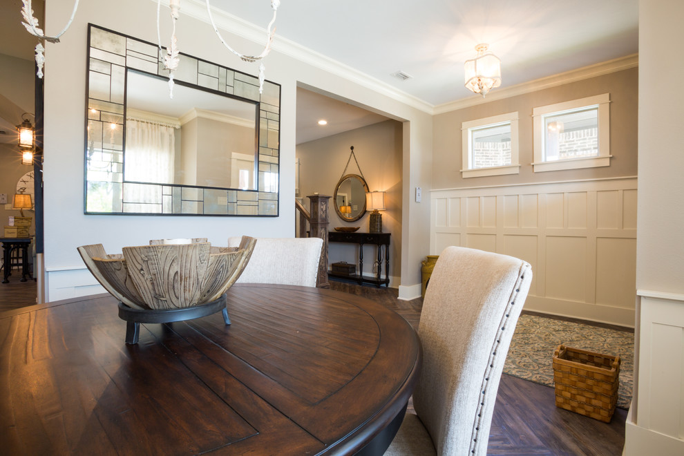 Medium sized traditional dining room in Austin with grey walls and vinyl flooring.