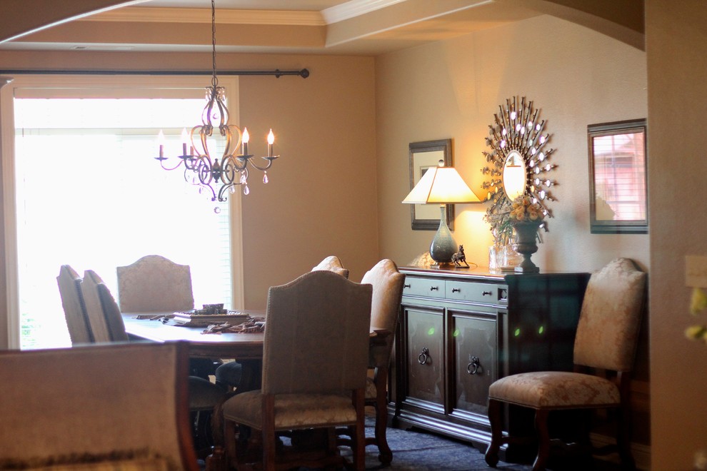 Photo of a large bohemian open plan dining room in Other with beige walls and dark hardwood flooring.