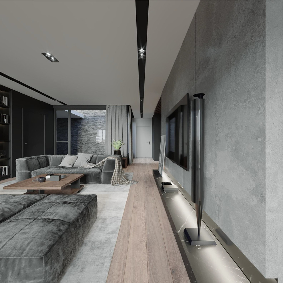 Offenes, Großes Stilmix Esszimmer mit grauer Wandfarbe, braunem Holzboden und braunem Boden in New York