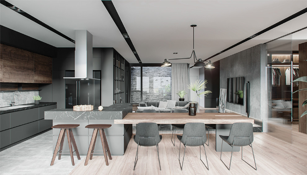 Große Stilmix Wohnküche mit grauer Wandfarbe, braunem Holzboden und braunem Boden in New York