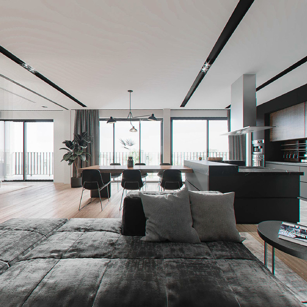 Große Eklektische Wohnküche mit grauer Wandfarbe, braunem Holzboden und braunem Boden in New York
