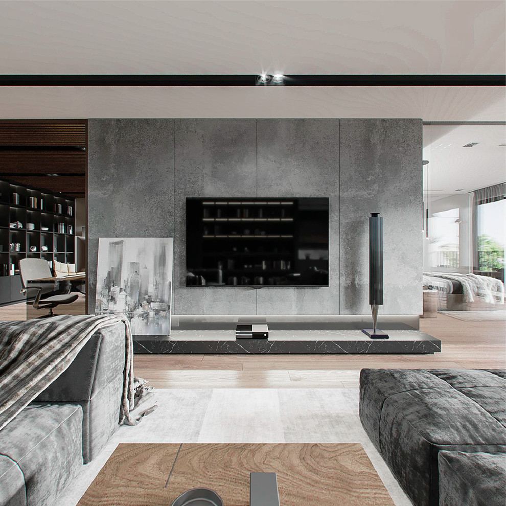 Esempio di una grande sala da pranzo aperta verso il soggiorno bohémian con pareti grigie, pavimento in legno massello medio e pavimento marrone
