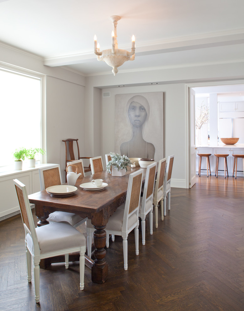 Inspiration for a classic dining room in New York with white walls.