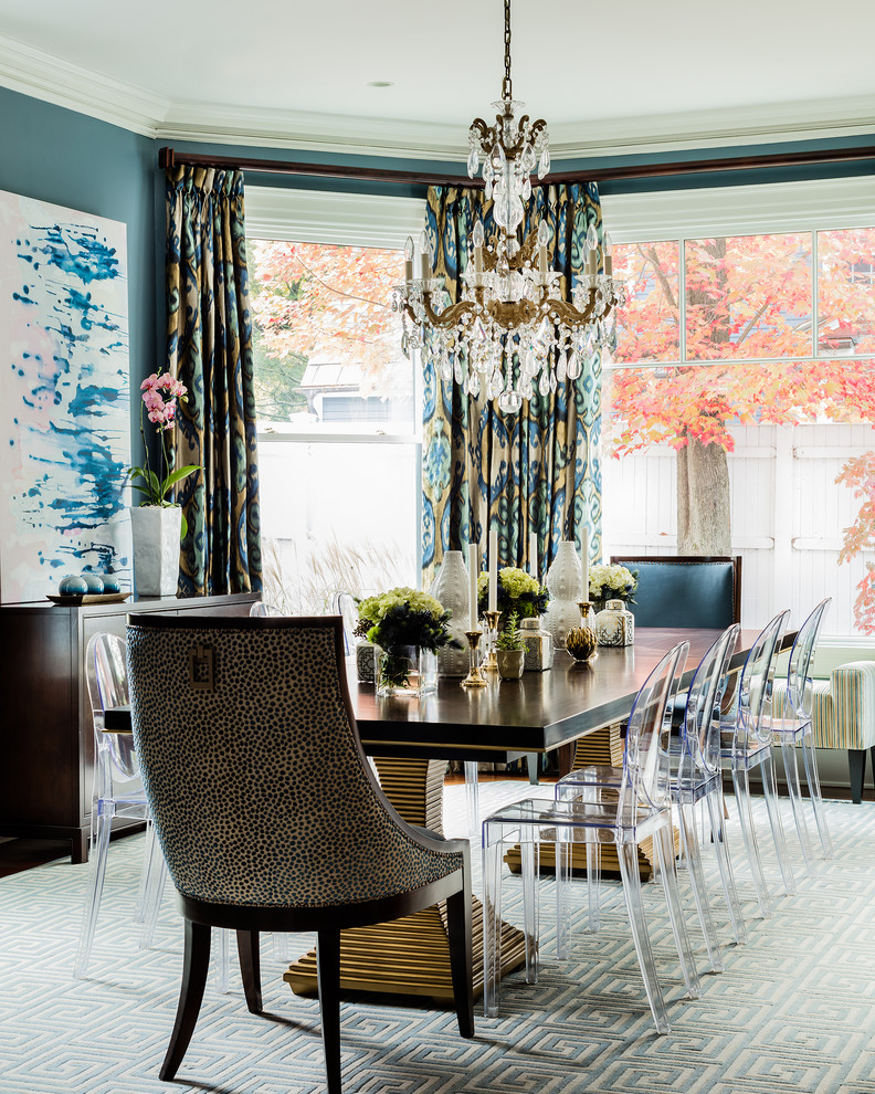 Photo of a classic enclosed dining room in Boston with blue walls.
