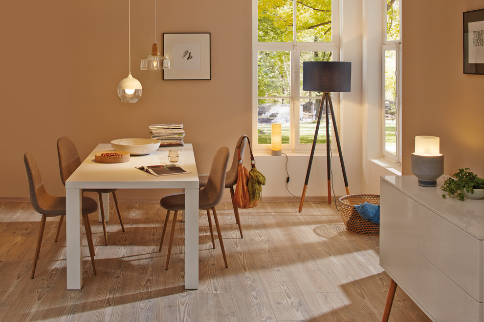 Diseño de comedor escandinavo pequeño cerrado sin chimenea con paredes marrones, suelo de madera clara y suelo marrón