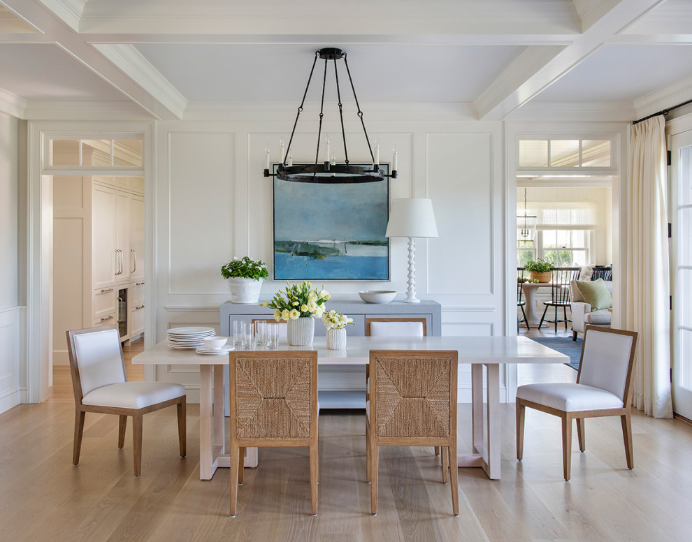 This is an example of a coastal dining room in Providence with white walls, medium hardwood flooring, brown floors, a coffered ceiling and panelled walls.
