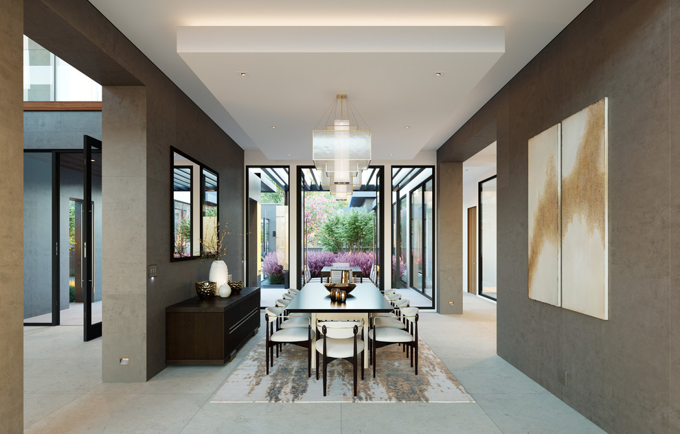 Geräumiges Modernes Esszimmer ohne Kamin mit grauer Wandfarbe und grauem Boden in Miami