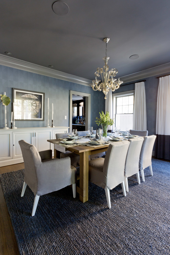 Dining room - huge contemporary dark wood floor dining room idea in Los Angeles with blue walls