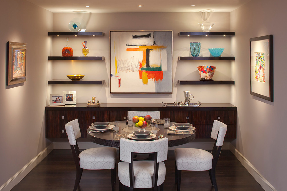 Inspiration for a mid-sized contemporary dark wood floor and brown floor dining room remodel in San Francisco with gray walls and no fireplace