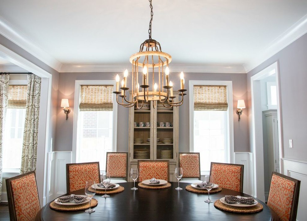 Dining room - traditional dark wood floor dining room idea in Chicago with gray walls and no fireplace
