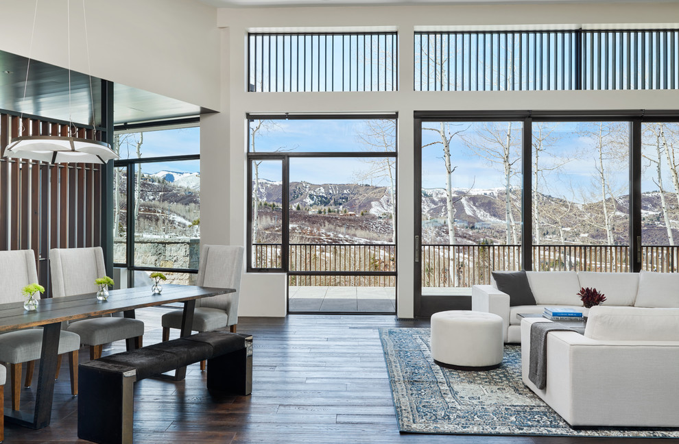 Offenes, Mittelgroßes Modernes Esszimmer ohne Kamin mit weißer Wandfarbe, dunklem Holzboden und braunem Boden in Denver