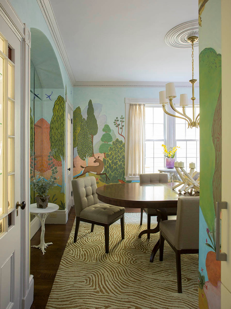 Large eclectic dining room photo in Boston with multicolored walls